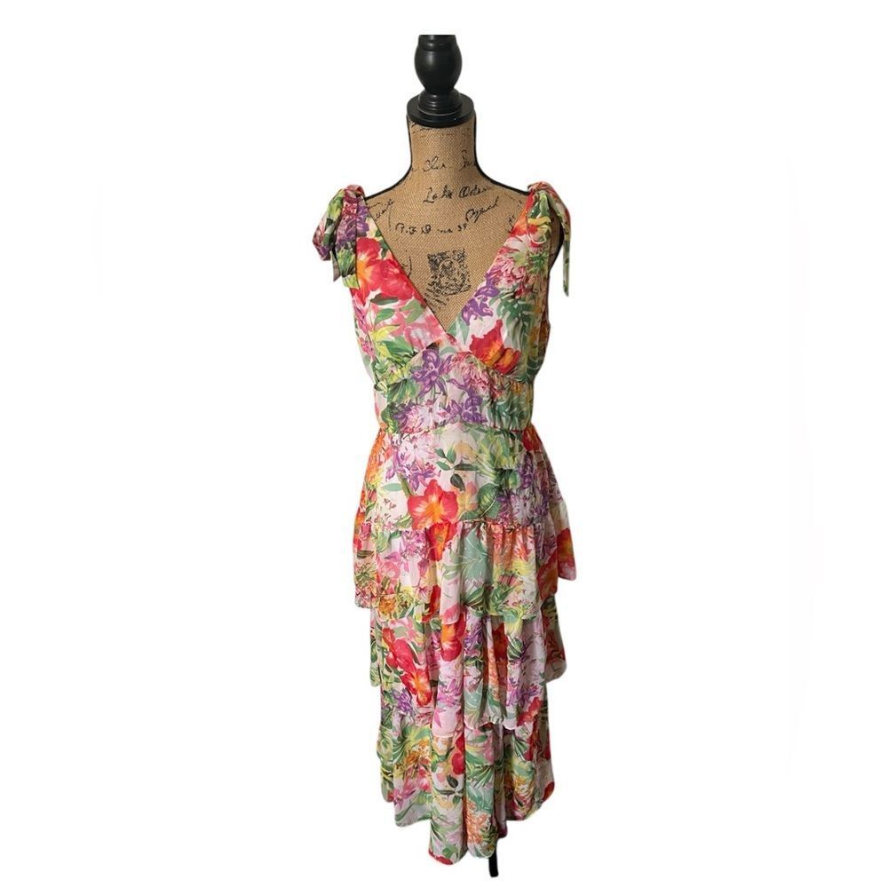 Julia Jordan Woman's Printed V-Neck Tie-Straps Tiered Dress-Size 8